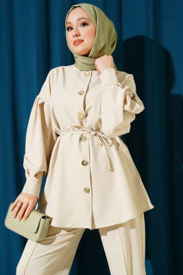 Gold Düğmeli Kol Pensli İkili Takım Bej - İkili Takım