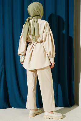 Gold Düğmeli Kol Pensli İkili Takım Bej - İkili Takım