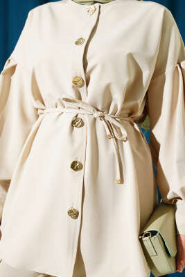 Gold Düğmeli Kol Pensli İkili Takım Bej - İkili Takım