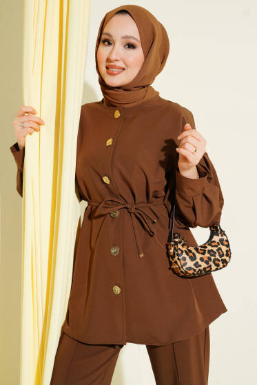 Gold Düğmeli Kol Pensli İkili Takım Kahve - İkili Takım