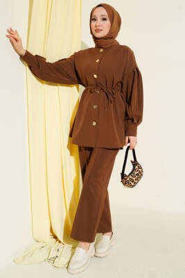 Gold Düğmeli Kol Pensli İkili Takım Kahve - İkili Takım