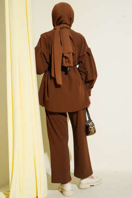 Gold Düğmeli Kol Pensli İkili Takım Kahve - İkili Takım