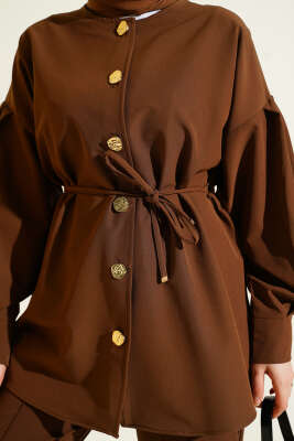 Gold Düğmeli Kol Pensli İkili Takım Kahve - İkili Takım