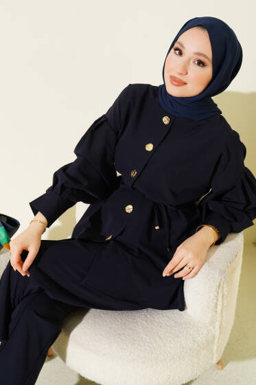 Gold Düğmeli Kol Pensli İkili Takım Lacivert - İkili Takım