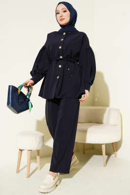 Gold Düğmeli Kol Pensli İkili Takım Lacivert - İkili Takım