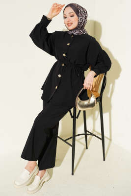 Gold Düğmeli Kol Pensli İkili Takım Siyah - TABLO FASHİON