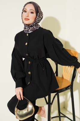 Gold Düğmeli Kol Pensli İkili Takım Siyah - İkili Takım