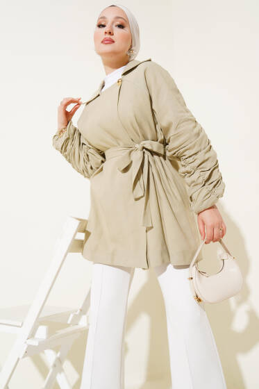 Gold Düğmeli Kolları Büzgülü Ceket Çağla Yeşili - Ceket