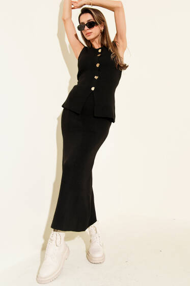 Gold Düğmeli Kolsuz Etekli Triko Takım Siyah - Kadın Giyim Modelleri