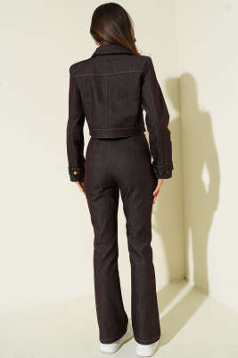 Gold Düğmeli Kot Pantolon Takım Kahve - Kadın Giyim Modelleri