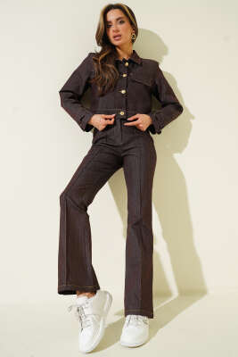 Gold Düğmeli Kot Pantolon Takım Kahve 