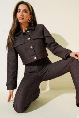 Gold Düğmeli Kot Pantolon Takım Kahve - Kadın Giyim Modelleri