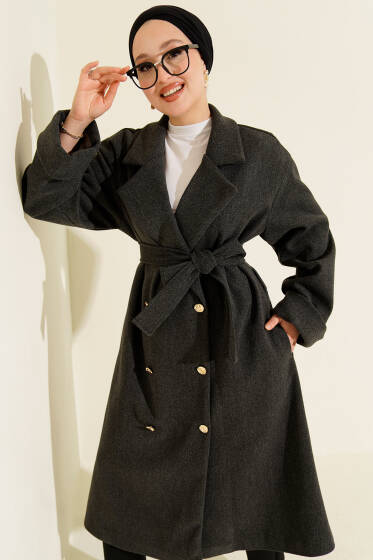 Gold Düğmeli Kruvaze Kaşe Kaban Antrasit - Kaban