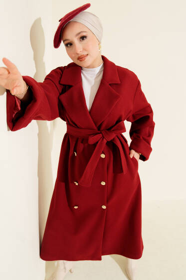 Gold Düğmeli Kruvaze Kaşe Kaban Bordo - Kaban