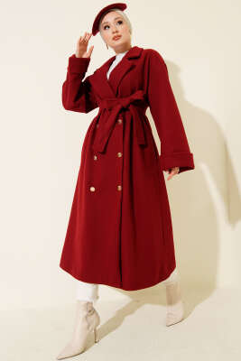 Gold Düğmeli Kruvaze Kaşe Kaban Bordo - Kaban