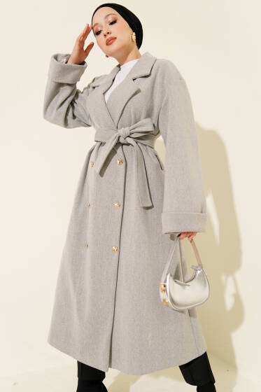 Gold Düğmeli Kruvaze Kaşe Kaban Gri - Kaban