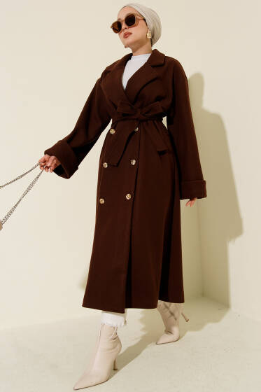 Gold Düğmeli Kruvaze Kaşe Kaban Kahve - Kaban