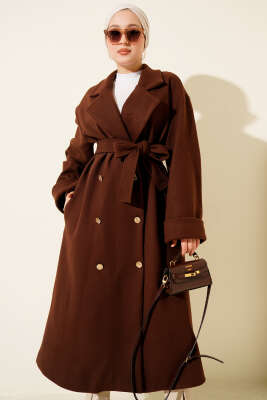 Gold Düğmeli Kruvaze Kaşe Kaban Kestane 