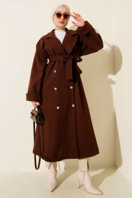 Gold Düğmeli Kruvaze Kaşe Kaban Kestane - Kaban