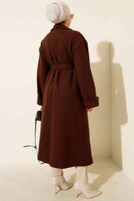 Gold Düğmeli Kruvaze Kaşe Kaban Kestane - Kaban