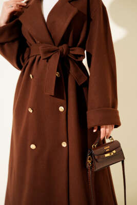 Gold Düğmeli Kruvaze Kaşe Kaban Kestane - Kaban