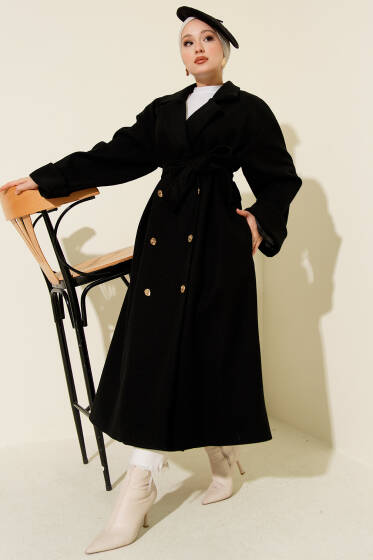 Gold Düğmeli Kruvaze Kaşe Kaban Siyah - Kaban