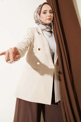 Gold Düğmeli Kruvaze Yaka Blazer Ceket Bej - BIGDART