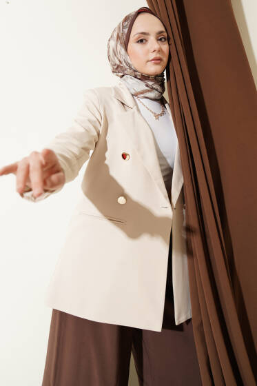 Gold Düğmeli Kruvaze Yaka Blazer Ceket Bej - Ceket