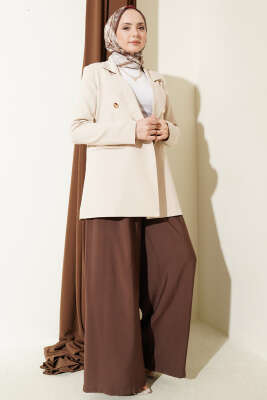 Gold Düğmeli Kruvaze Yaka Blazer Ceket Bej - Ceket