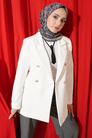 Gold Düğmeli Kruvaze Yaka Blazer Ceket Ekru - Ceket