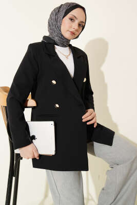 Gold Düğmeli Kruvaze Yaka Blazer Ceket Siyah - BIGDART