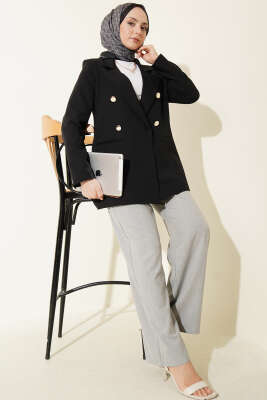Gold Düğmeli Kruvaze Yaka Blazer Ceket Siyah - Ceket