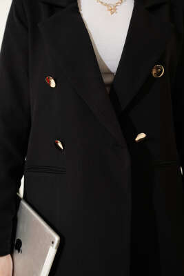 Gold Düğmeli Kruvaze Yaka Blazer Ceket Siyah - Ceket