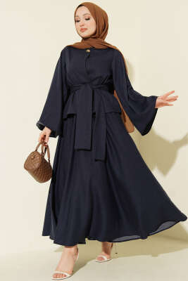 Gold Düğmeli Kuşaklı Etekli Takım Lacivert - HEWES