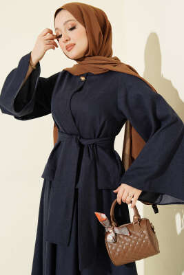 Gold Düğmeli Kuşaklı Etekli Takım Lacivert - İkili Takım