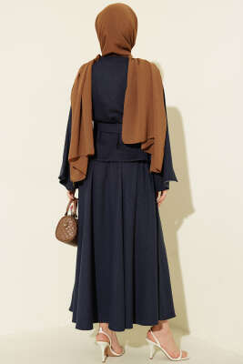 Gold Düğmeli Kuşaklı Etekli Takım Lacivert - İkili Takım