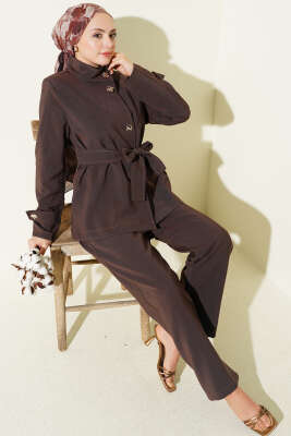 Gold Düğmeli Kuşaklı İkili Takım Kahve - ZAMANE (QSS)