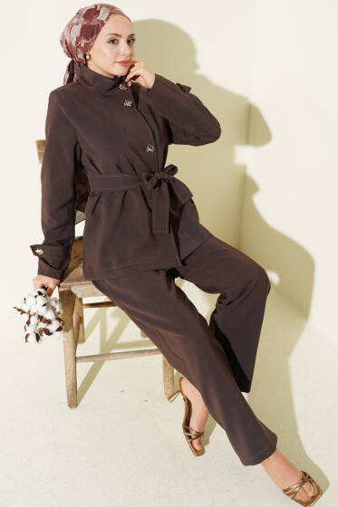 Gold Düğmeli Kuşaklı İkili Takım Kahve - İkili Takım