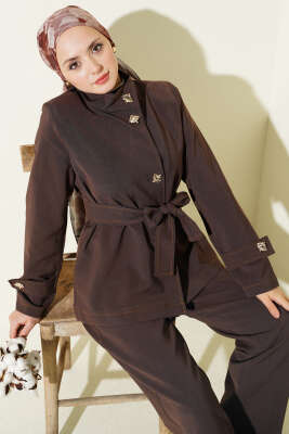 Gold Düğmeli Kuşaklı İkili Takım Kahve - İkili Takım