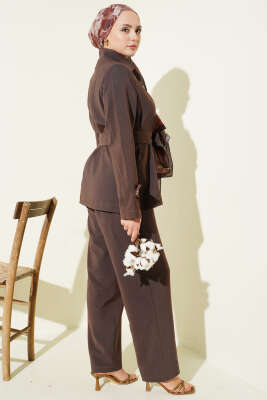 Gold Düğmeli Kuşaklı İkili Takım Kahve - İkili Takım