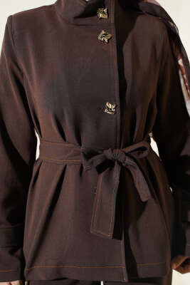 Gold Düğmeli Kuşaklı İkili Takım Kahve - İkili Takım