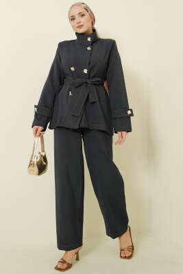 Gold Düğmeli Kuşaklı İkili Takım Lacivert - ZAMANE (QSS)