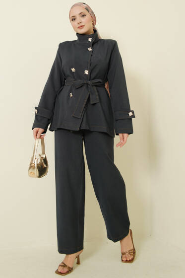 Gold Düğmeli Kuşaklı İkili Takım Lacivert - İkili Takım