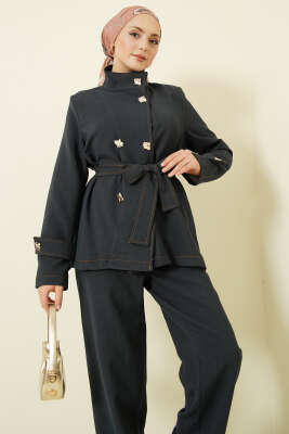 Gold Düğmeli Kuşaklı İkili Takım Lacivert - İkili Takım