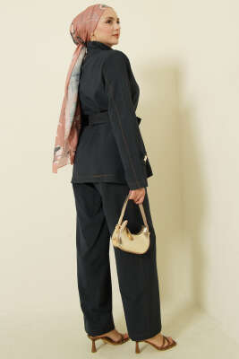 Gold Düğmeli Kuşaklı İkili Takım Lacivert - İkili Takım