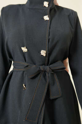 Gold Düğmeli Kuşaklı İkili Takım Lacivert - İkili Takım