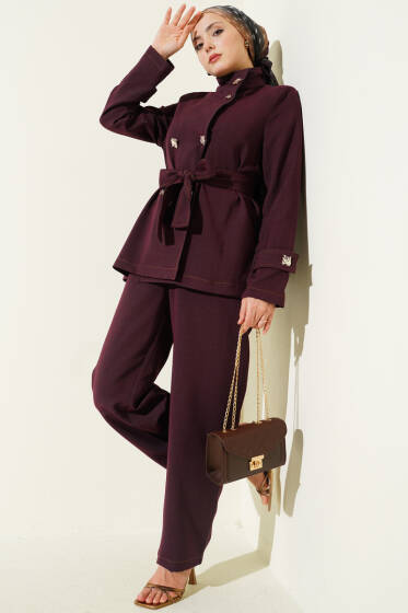 Gold Düğmeli Kuşaklı İkili Takım Mürdüm - İkili Takım