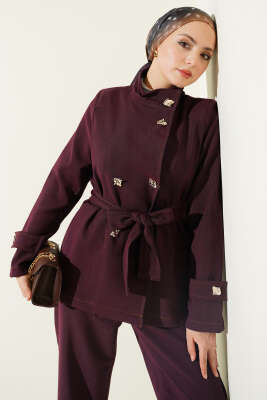 Gold Düğmeli Kuşaklı İkili Takım Mürdüm - İkili Takım