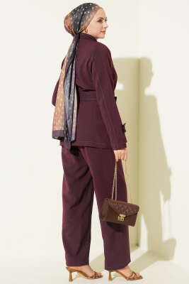 Gold Düğmeli Kuşaklı İkili Takım Mürdüm - İkili Takım