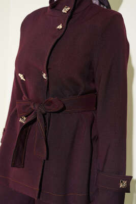 Gold Düğmeli Kuşaklı İkili Takım Mürdüm - İkili Takım